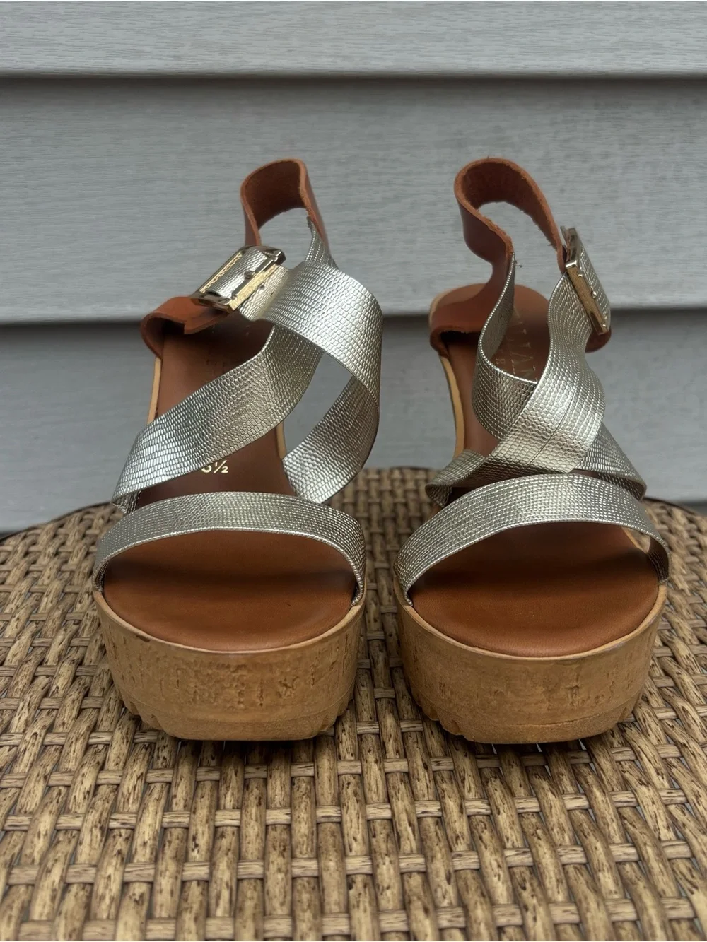 Italian Shoemakers Silver and Brown Cork Wedge Sandals